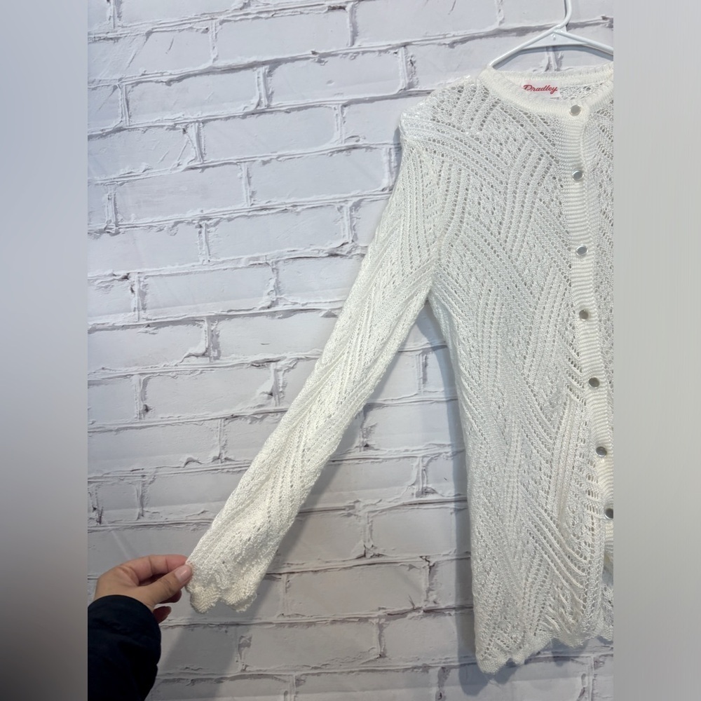 Bradley Off White Knit 60s Vintage Button Down Crew Cardigan Sweater Size Medium - Picture 3 of 6